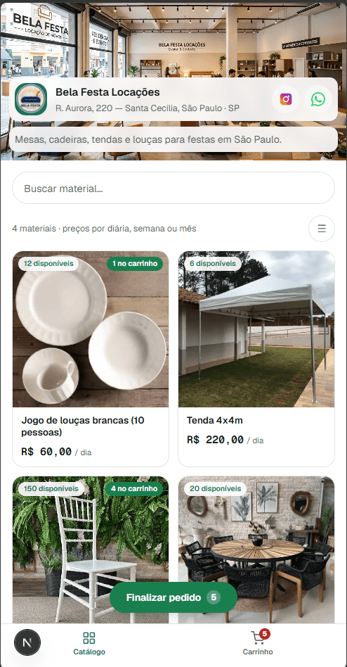Vitrine da Bela Festa Locações vista no celular
